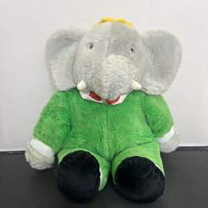 Vintage 1988 kinder GUND Babar the Elephant Plush Toy Green Suit and Crown Chrty